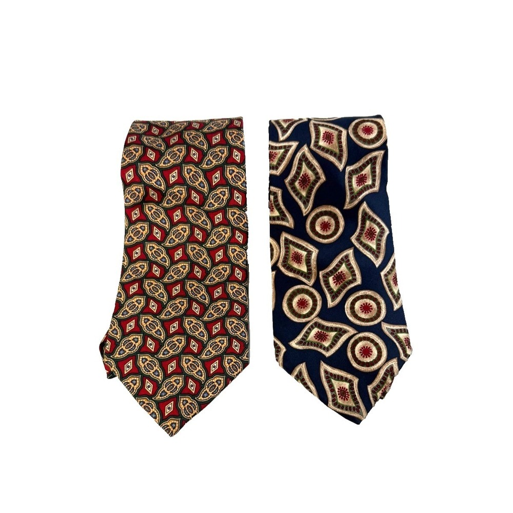 Chaps Ralph Lauren Mens Silk Tie Lot 2 Geometric Medallion Navy Red Wide 3.75in